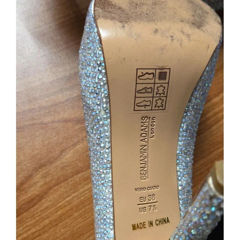 Benjamin Adams London Silver Jewel Encrusted Peep Toe Platform Pumps S 7.5/38